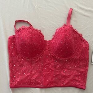 INC International Concepts Hot Pink Lace Longline Bra with Rhinestones